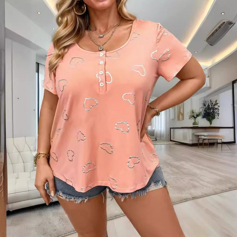 S-3XL Női Gombos Bő pólók Nyári női O-nyakú, rövid ujjú, szíves póló felsők Anyák napi ruhák