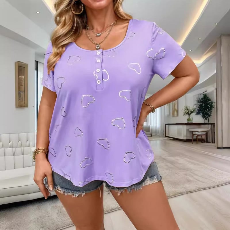 S-3XL Női Gombos Bő pólók Nyári női O-nyakú, rövid ujjú, szíves póló felsők Anyák napi ruhák