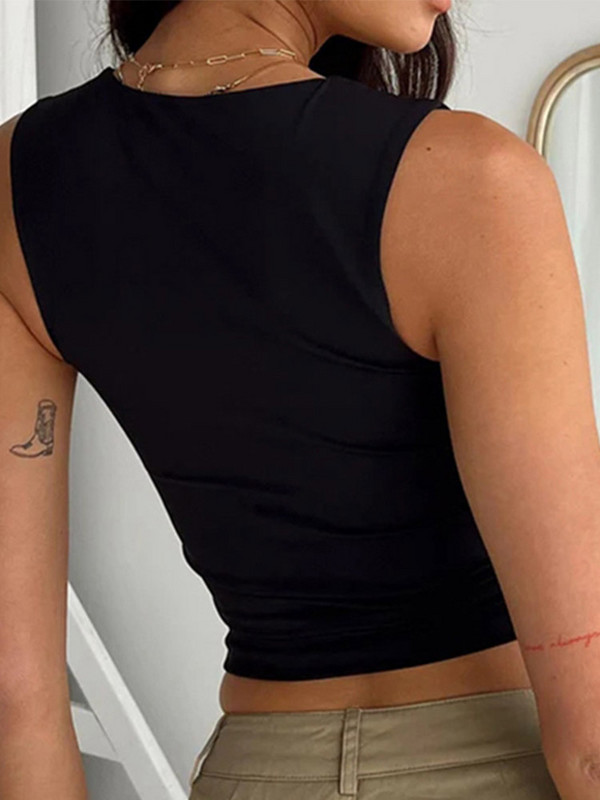 Varrukateta kaelusega kärbitud naiste topsid vabaaja Y2K suvi 2024 mustad T-särgid Seksikad