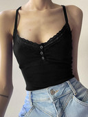 Szexi, összehajtható gombok, ujjatlan Crop felsők, fekete vintage Y2K fűző felsők, alkalmi alap póló