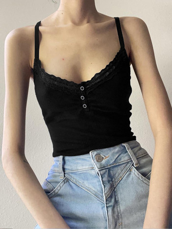 Σέξι με διπλά κουμπιά Αμάνικο Crop Top Μαύρο Vintage Y2K κορσέ τοπ Casual Basic T-shirt