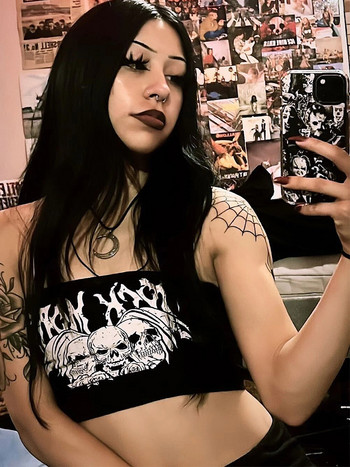 Γοτθικό Punk Skull Letter Γραφικό Crop Top Γυναικείο Y2K Vintage Grunge Καλοκαιρινό Μαύρο χαριτωμένο Crop Top Κορσέ Κορσέ Ρούχα