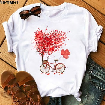 Ροζ Heart Flower Print Γυναικεία T-shirt Casual Λευκά μπλουζάκια Καλοκαιρινό κοντομάνικο γυναικείο μπλουζάκι Kawaii Love Print Γυναικεία μπλουζάκια