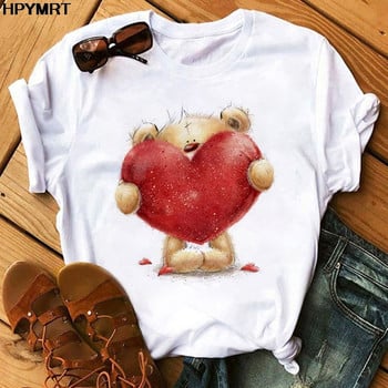 Ροζ Heart Flower Print Γυναικεία T-shirt Casual Λευκά μπλουζάκια Καλοκαιρινό κοντομάνικο γυναικείο μπλουζάκι Kawaii Love Print Γυναικεία μπλουζάκια