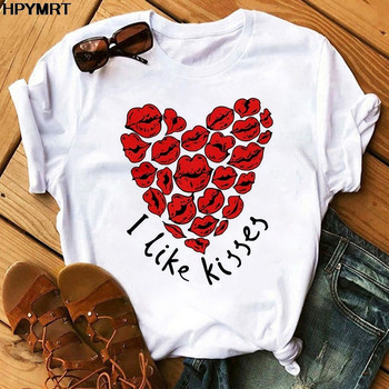 Ροζ Heart Flower Print Γυναικεία T-shirt Casual Λευκά μπλουζάκια Καλοκαιρινό κοντομάνικο γυναικείο μπλουζάκι Kawaii Love Print Γυναικεία μπλουζάκια