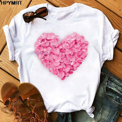 Tricou pentru femei cu inimă roz cu imprimeu de flori Topuri casual albe Tricou pentru femei cu mânecă scurtă de vară Kawaii Love Print Tricou pentru femei