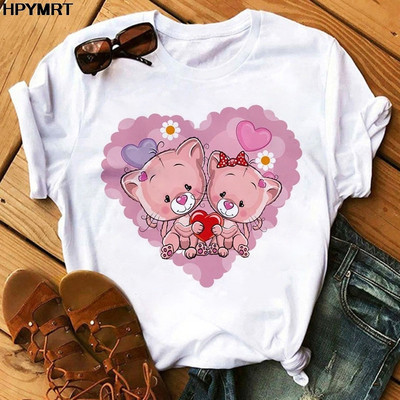 Rózsaszín szív virágmintás női póló alkalmi fehér felsők nyári rövid ujjú női póló Kawaii Love Print női póló ruházat