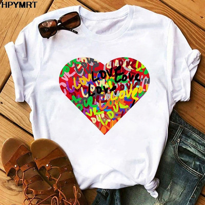 Rózsaszín szív virágmintás női póló alkalmi fehér felsők nyári rövid ujjú női póló Kawaii Love Print női póló ruházat