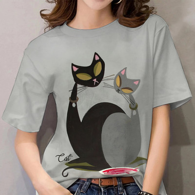 Multifilmi T-särk naistele Vabaaja lühikeste varrukatega rõivad kassimustriga 3D prindiga topsid T-särgid Suvine ülisuure O-kaelusega pullover