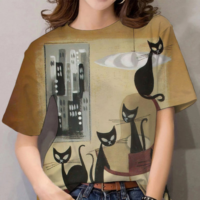 Multifilmi T-särk naistele Vabaaja lühikeste varrukatega rõivad kassimustriga 3D prindiga topsid T-särgid Suvine ülisuure O-kaelusega pullover