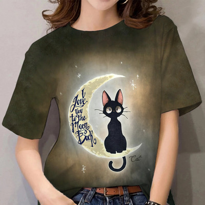 Multifilmi T-särk naistele Vabaaja lühikeste varrukatega rõivad kassimustriga 3D prindiga topsid T-särgid Suvine ülisuure O-kaelusega pullover