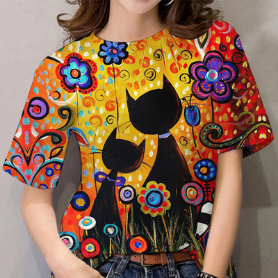 Multifilmi T-särk naistele Vabaaja lühikeste varrukatega rõivad kassimustriga 3D prindiga topsid T-särgid Suvine ülisuure O-kaelusega pullover