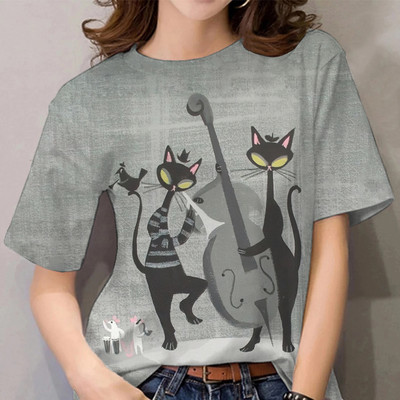 Multifilmi T-särk naistele Vabaaja lühikeste varrukatega rõivad kassimustriga 3D prindiga topsid T-särgid Suvine ülisuure O-kaelusega pullover