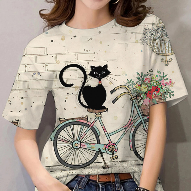 Multifilmi T-särk naistele Vabaaja lühikeste varrukatega rõivad kassimustriga 3D prindiga topsid T-särgid Suvine ülisuure O-kaelusega pullover