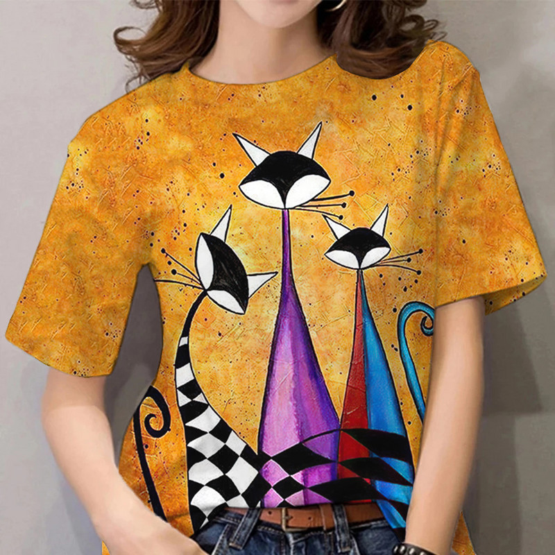 Multifilmi T-särk naistele Vabaaja lühikeste varrukatega rõivad kassimustriga 3D prindiga topsid T-särgid Suvine ülisuure O-kaelusega pullover