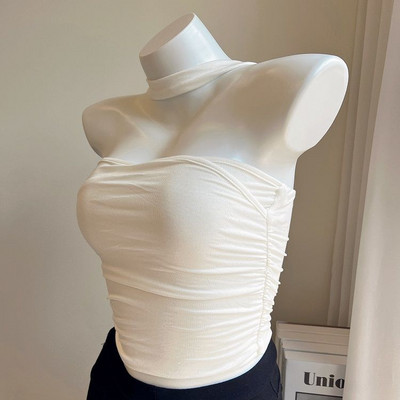 Vestă fără mâneci, cu pliere dublă, cu gât, top pentru femei, tricou de vară 2024, cu design picant și sexy, maiuri crop de modă coreeană