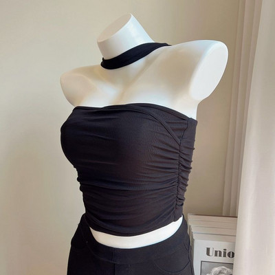 Vestă fără mâneci, cu pliere dublă, cu gât, top pentru femei, tricou de vară 2024, cu design picant și sexy, maiuri crop de modă coreeană