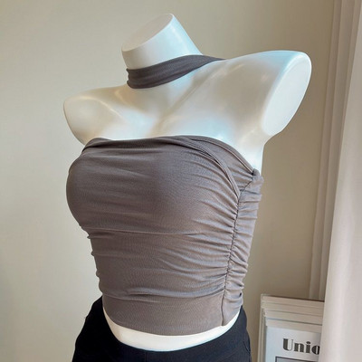 Vestă fără mâneci, cu pliere dublă, cu gât, top pentru femei, tricou de vară 2024, cu design picant și sexy, maiuri crop de modă coreeană