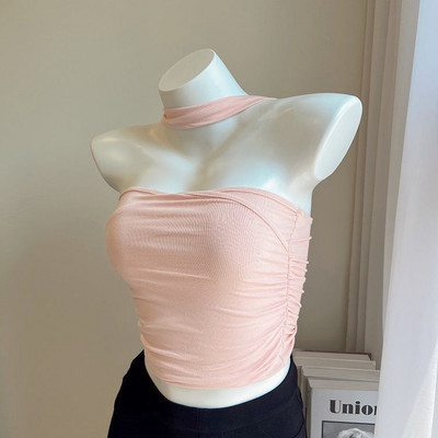 Vestă fără mâneci, cu pliere dublă, cu gât, top pentru femei, tricou de vară 2024, cu design picant și sexy, maiuri crop de modă coreeană