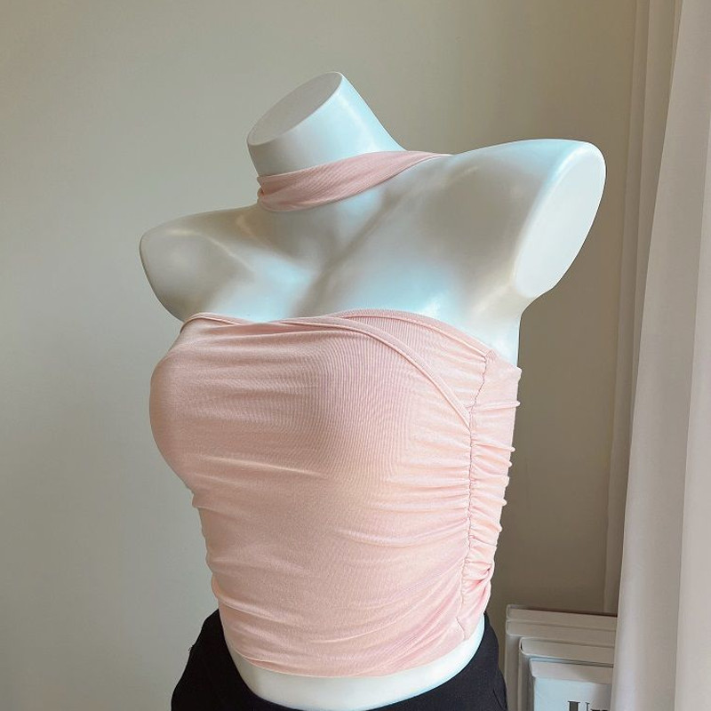 Vestă fără mâneci, cu pliere dublă, cu gât, top pentru femei, tricou de vară 2024, cu design picant și sexy, maiuri crop de modă coreeană