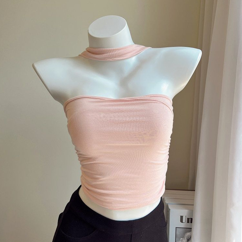 Vestă fără mâneci, cu pliere dublă, cu gât, top pentru femei, tricou de vară 2024, cu design picant și sexy, maiuri crop de modă coreeană