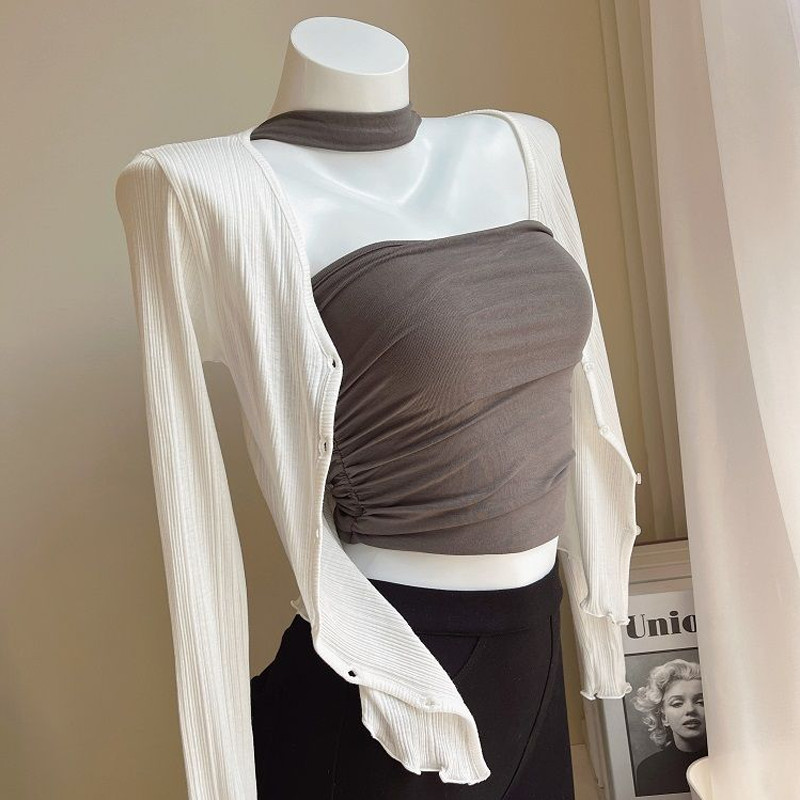 Vestă fără mâneci, cu pliere dublă, cu gât, top pentru femei, tricou de vară 2024, cu design picant și sexy, maiuri crop de modă coreeană