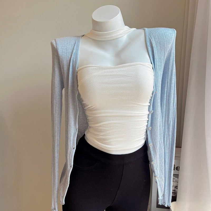 Vestă fără mâneci, cu pliere dublă, cu gât, top pentru femei, tricou de vară 2024, cu design picant și sexy, maiuri crop de modă coreeană