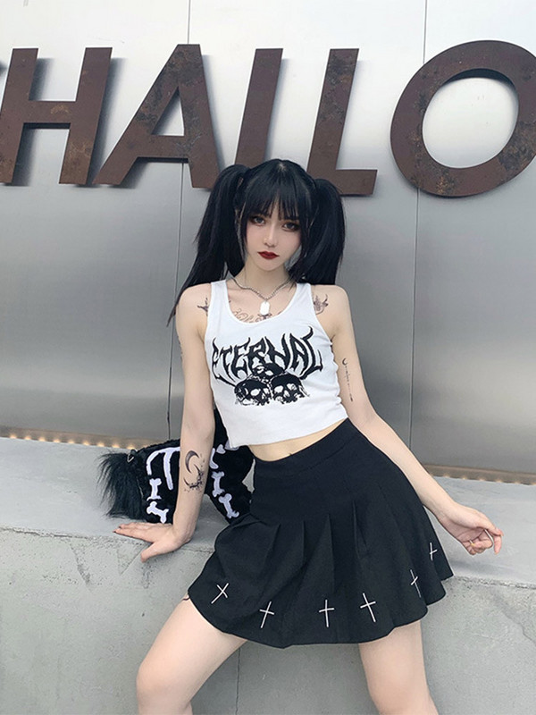 Harajuku Punk Goth Szexi Crop Felső Női Nyári Mujer 90-es évek Grunge grafikai koponyamintás felsők Divatos ujjatlan, vékony mellény felső