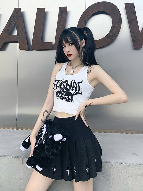 Harajuku Punk Goth Szexi Crop Felső Női Nyári Mujer 90-es évek Grunge grafikai koponyamintás felsők Divatos ujjatlan, vékony mellény felső