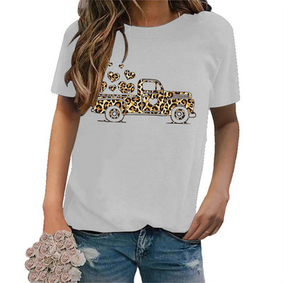 Tricouri pentru femei de Ziua Îndrăgostiților Leopard Car Love Heart Tricouri grafice Cămașă Crewneck Manecă scurtă Moda coreeană Topuri estetice