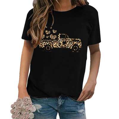 Tricouri pentru femei de Ziua Îndrăgostiților Leopard Car Love Heart Tricouri grafice Cămașă Crewneck Manecă scurtă Moda coreeană Topuri estetice