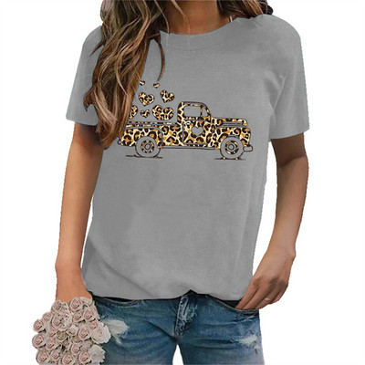 Tricouri pentru femei de Ziua Îndrăgostiților Leopard Car Love Heart Tricouri grafice Cămașă Crewneck Manecă scurtă Moda coreeană Topuri estetice
