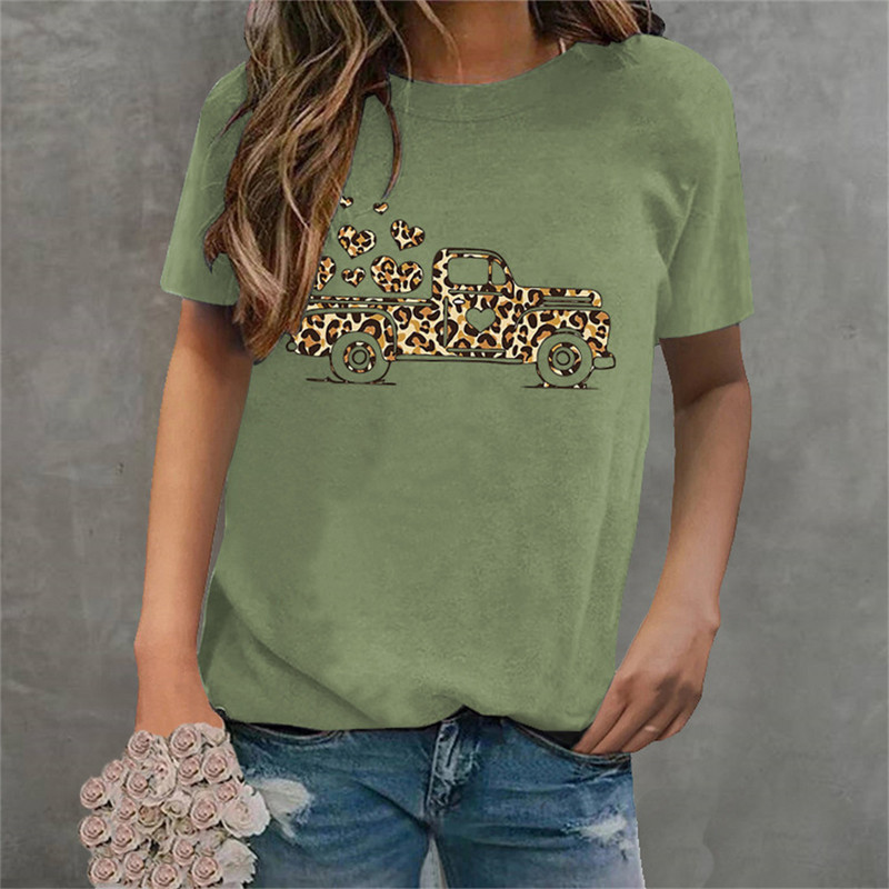 Tricouri pentru femei de Ziua Îndrăgostiților Leopard Car Love Heart Tricouri grafice Cămașă Crewneck Manecă scurtă Moda coreeană Topuri estetice
