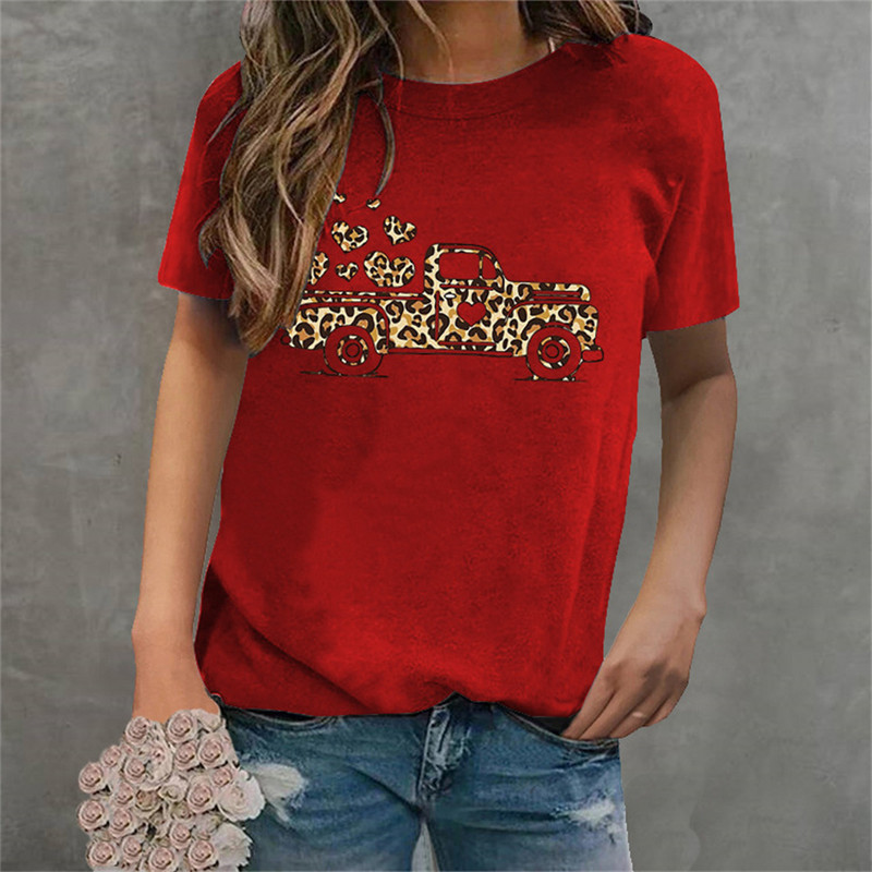 Tricouri pentru femei de Ziua Îndrăgostiților Leopard Car Love Heart Tricouri grafice Cămașă Crewneck Manecă scurtă Moda coreeană Topuri estetice