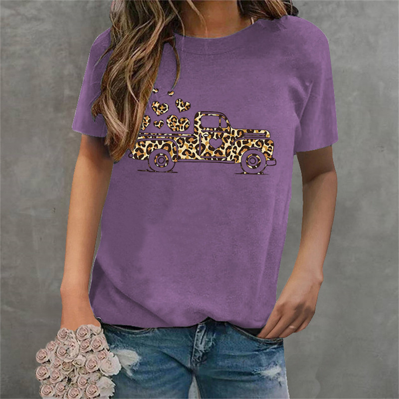 Tricouri pentru femei de Ziua Îndrăgostiților Leopard Car Love Heart Tricouri grafice Cămașă Crewneck Manecă scurtă Moda coreeană Topuri estetice