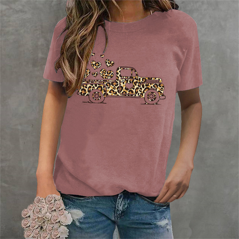 Tricouri pentru femei de Ziua Îndrăgostiților Leopard Car Love Heart Tricouri grafice Cămașă Crewneck Manecă scurtă Moda coreeană Topuri estetice
