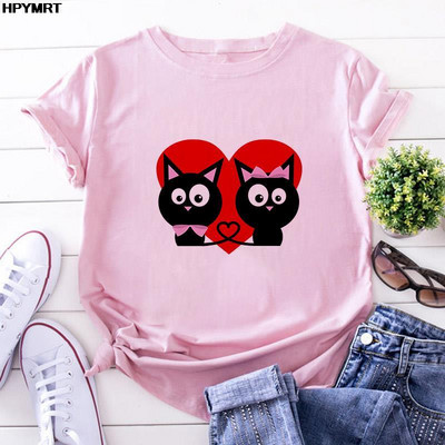 Дамска ежедневна тениска с анимационни мотиви с къс ръкав, сладка котка, свободни щампи с форма на сърце, голям размер, пролет и лято, бели, розови топове S-XXL