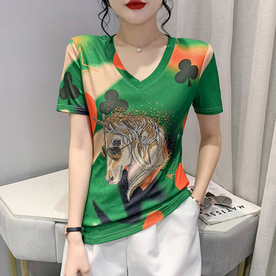 Nyári európai ruhák bő S-4XL póló Elegáns szexi V-nyakú fényes gyémántok őszibarack szívek lovak női felsők rövid ujjú pólók 948