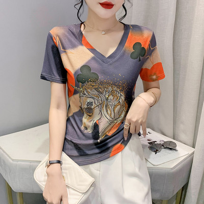 Nyári európai ruhák bő S-4XL póló Elegáns szexi V-nyakú fényes gyémántok őszibarack szívek lovak női felsők rövid ujjú pólók 948