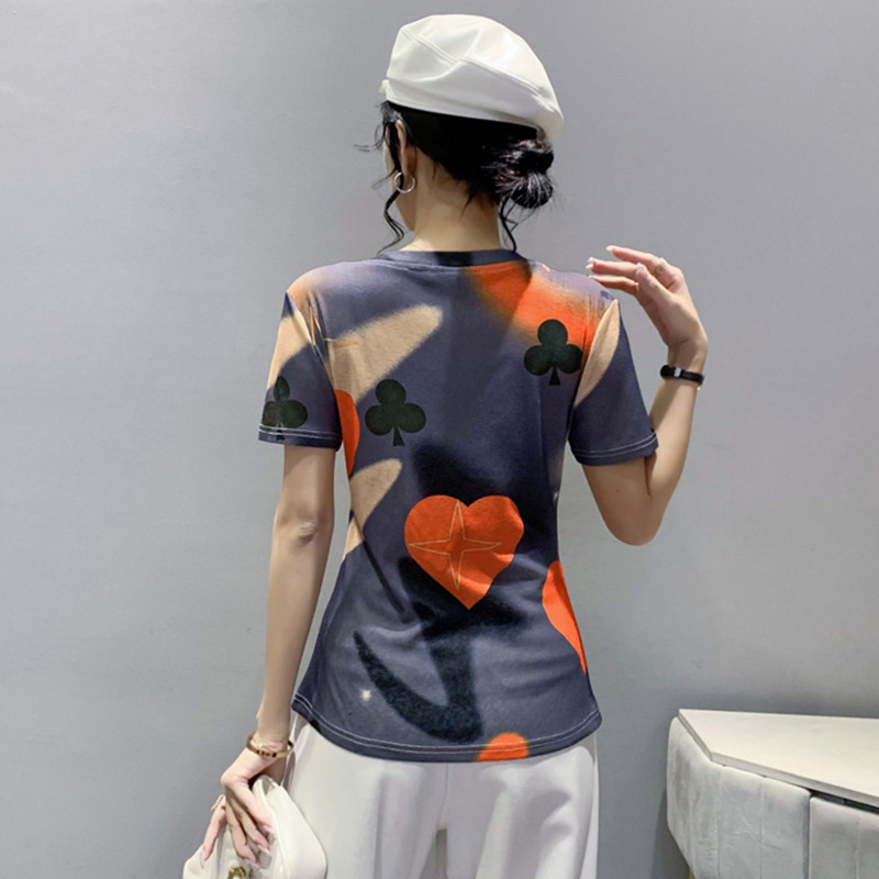 Nyári európai ruhák bő S-4XL póló Elegáns szexi V-nyakú fényes gyémántok őszibarack szívek lovak női felsők rövid ujjú pólók 948