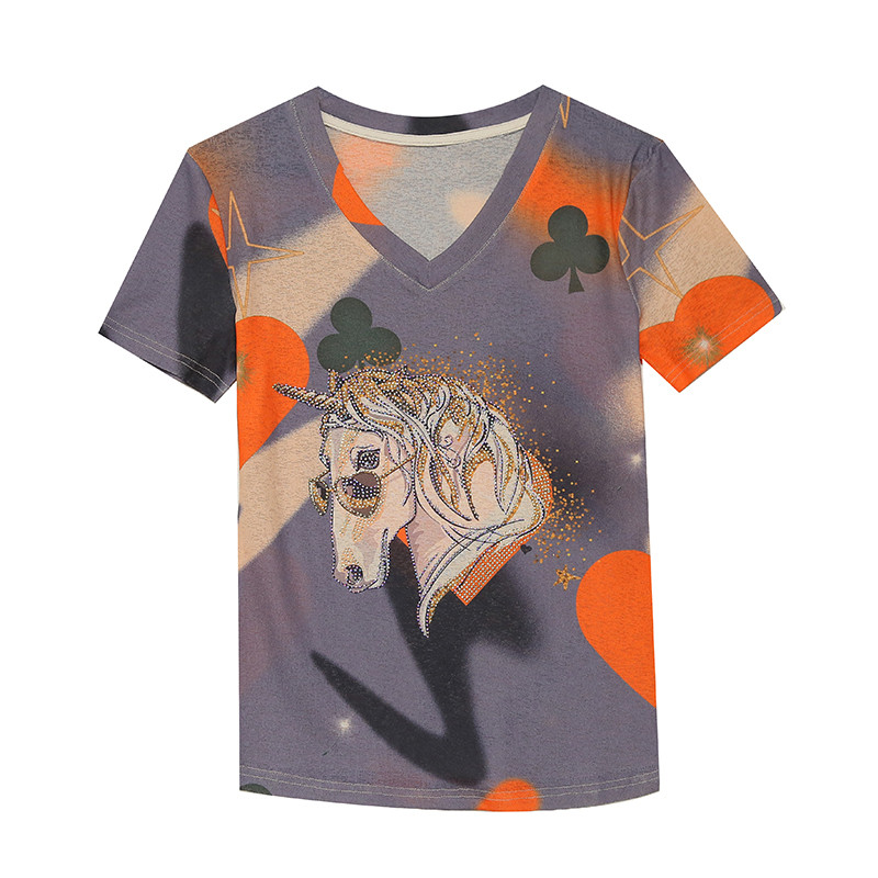 Nyári európai ruhák bő S-4XL póló Elegáns szexi V-nyakú fényes gyémántok őszibarack szívek lovak női felsők rövid ujjú pólók 948