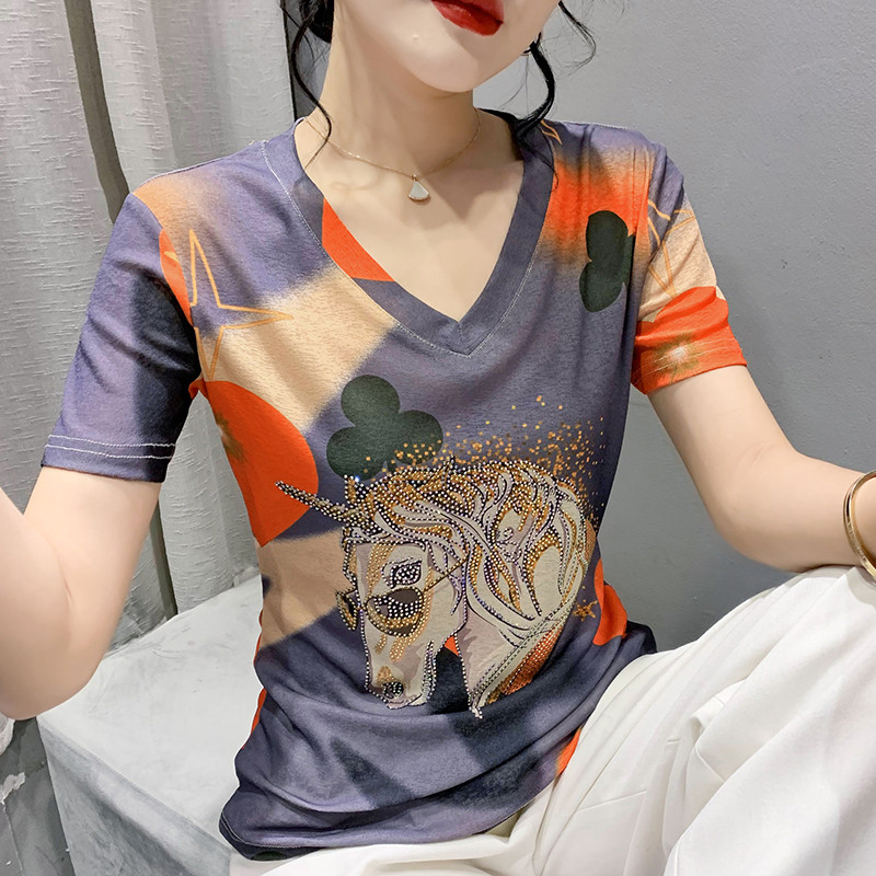 Nyári európai ruhák bő S-4XL póló Elegáns szexi V-nyakú fényes gyémántok őszibarack szívek lovak női felsők rövid ujjú pólók 948