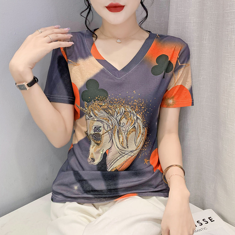 Nyári európai ruhák bő S-4XL póló Elegáns szexi V-nyakú fényes gyémántok őszibarack szívek lovak női felsők rövid ujjú pólók 948