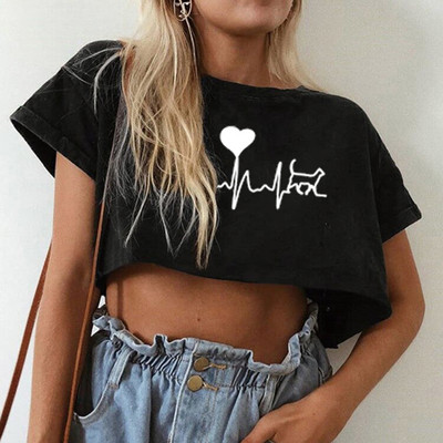 Seeyoushy 2023 Ежедневни дамски укорочени топове ECG Love Heart Print Funny Tshirt Дамска лятна тениска Harajuku Femme Естетични дрехи
