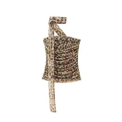 Tulle cu imprimeu leopard cu volan pentru femei de top, sexy, fără mâneci, cu umeri, topuri 2024, vară, fără spate, pentru femei, corset șic de plajă