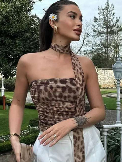 Ruched Leopard τύπωμα τούλι για κορυφαίες γυναίκες Σέξι αμάνικα μπλουζάκια με ανοιχτό ώμο 2024 Καλοκαιρινό εξώπλατο Lady Beach Chic κορσέ