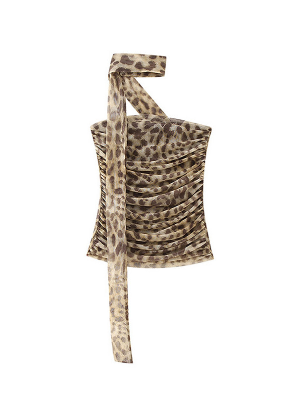 Tulle cu imprimeu leopard cu volan pentru femei de top, sexy, fără mâneci, cu umeri, topuri 2024, vară, fără spate, pentru femei, corset șic de plajă