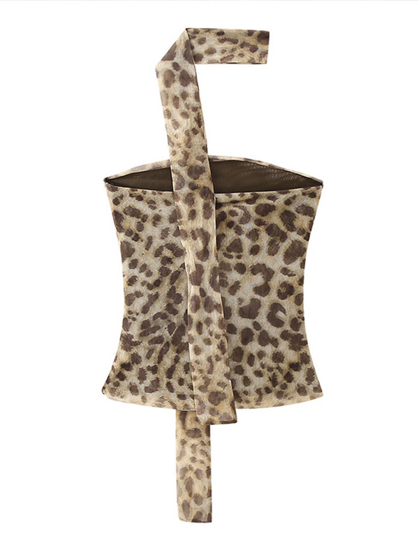 Tulle cu imprimeu leopard cu volan pentru femei de top, sexy, fără mâneci, cu umeri, topuri 2024, vară, fără spate, pentru femei, corset șic de plajă