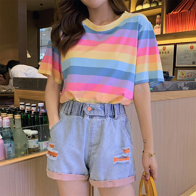 Сладка корейска модна тениска Harajuku с къс ръкав с дъгови райета, летен ежедневен топ за тийнейджъри 2022 г. Tunicode, извънгабаритно облекло