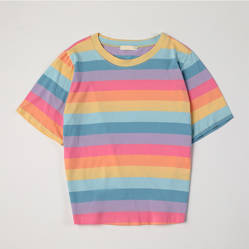 Armas vikerkaaretriibuline Korea mood Harajuku lühikeste varrukatega naiste T-särk, suvine vabaaja 2022. aasta teismeliste topp Tunicode`i ülisuured riided